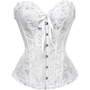 Pin Up White Jacquard Floral Lace Up Boned Frilly Corset Bustier Top S
